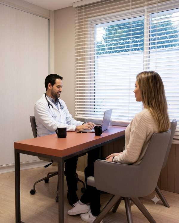 Profissional da saúde em atendimento em consultório elegante